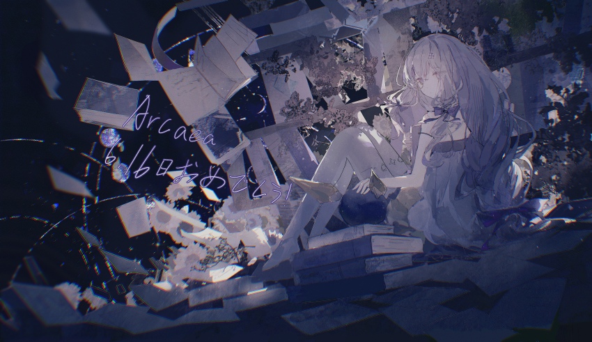 1girl absurdres arcaea bare_shoulders book bow braid charon_(arcaea) collar dress flower full_body hair_between_eyes hair_ornament highres jacket lacrymira_0 lagrange_(arcaea) long_hair monocle purple_bow purple_eyes purple_hair sidelocks single_braid sitting twintails white_jacket yellow_dress