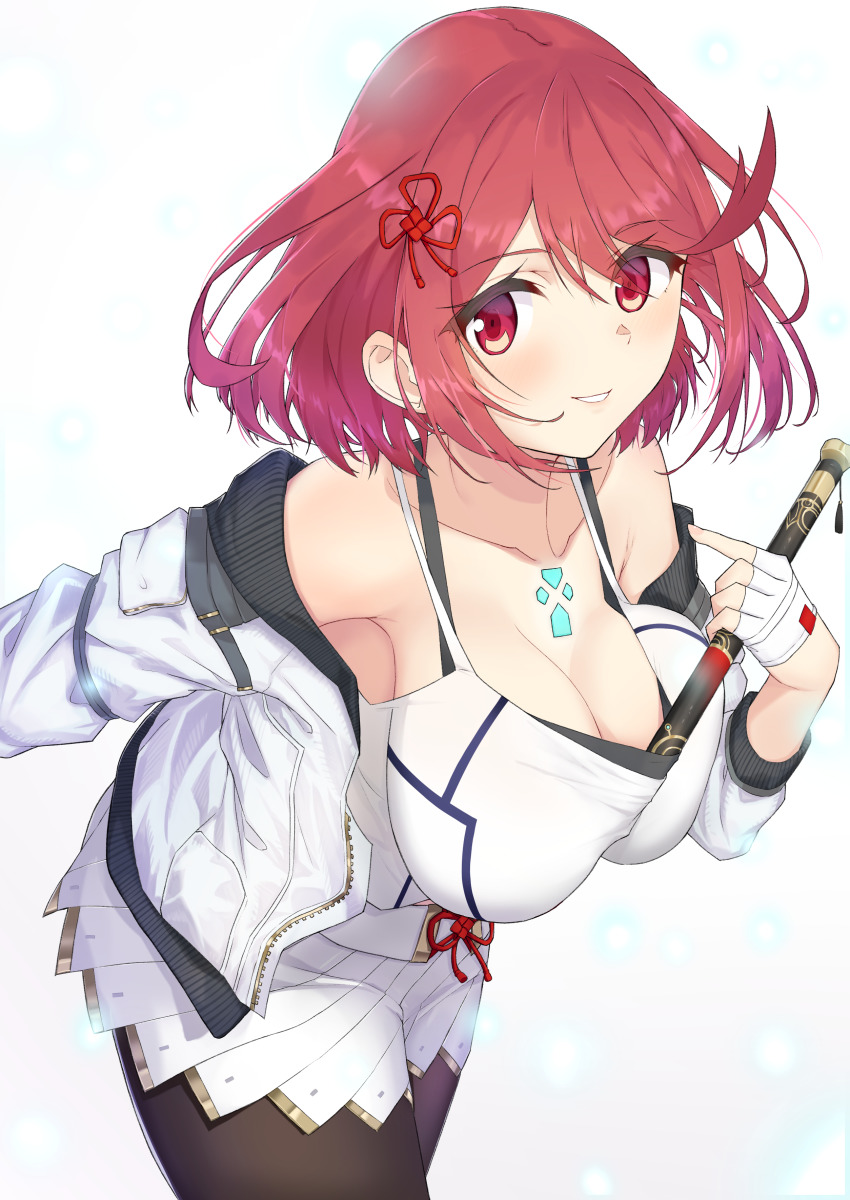 1girl absurdres breasts camisole chest_jewel cosplay flute highres instrument jacket large_breasts leggings mio_(xenoblade) mio_(xenoblade)_(cosplay) pyra_(xenoblade) red_eyes red_hair shizuki_muika short_hair shoulder_strap swept_bangs tank_top white_camisole white_jacket white_tank_top xenoblade_chronicles_(series) xenoblade_chronicles_2 xenoblade_chronicles_3