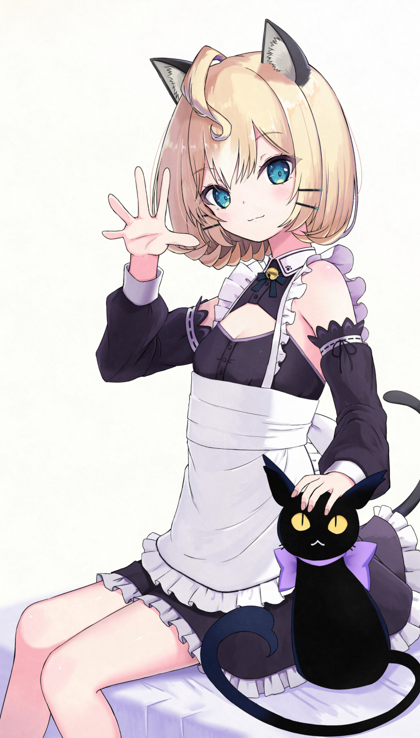 animal_ears apron bare_legs bell black_cat blonde_hair cat cat_ears cat_girl cat_tail cleavage_cutout clothing_cutout ethyria green_eyes highres maid maid_apron millie_parfait nijisanji nijisanji_en sitting tail
