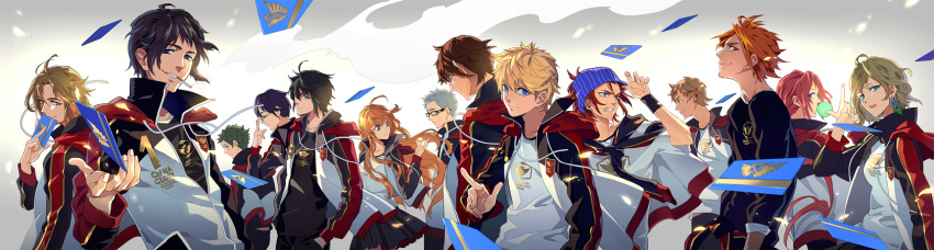 6+boys ahoge belt black_hair black_shirt blonde_hair blue_eyes blue_hair brown_eyes brown_hair cape fang_rui glasses green_eyes green_hair grey_hair hair_between_eyes highres holding huang_shaotian jacket jacket_on_shoulders jewelry jokerplaner long_hair long_sleeves looking_at_viewer male_focus multicolored_hair multiple_boys necktie open_mouth orange_eyes orange_hair pants pink_hair profile purple_eyes quan_zhi_gao_shou red_eyes red_hair shirt short_hair smile su_mucheng wang_jiexi ye_xiu yu_wenzhou zhang_jiale zhang_xinjie zhou_zekai