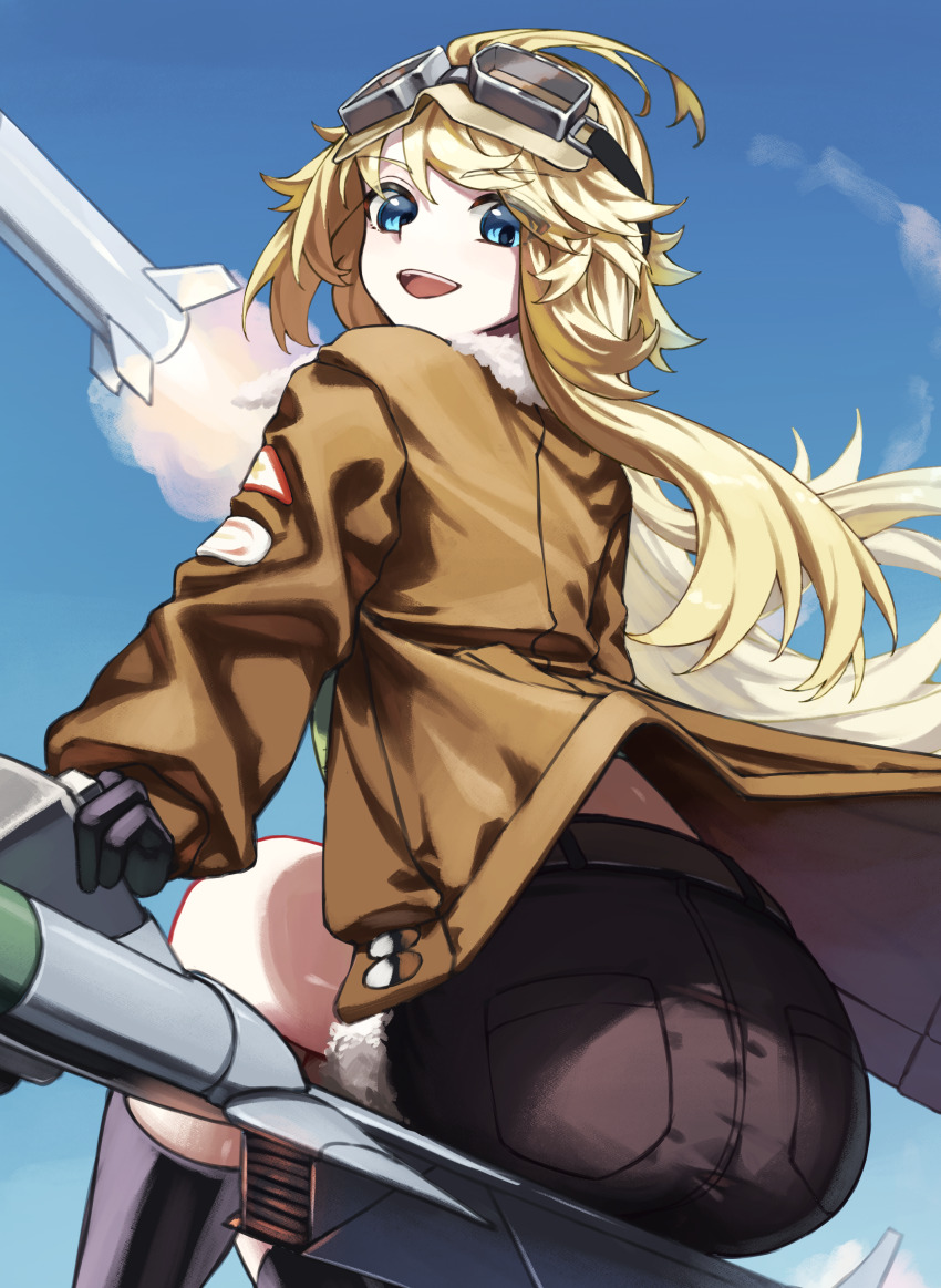1girl :d absurdres ass black_boots black_gloves black_shorts blonde_hair blue_eyes blue_sky boots broom broom_riding brown_jacket day feet_out_of_frame floating_hair from_behind gloves goggles goggles_on_head highres jacket knee_boots lilya_(reverse:1999) long_hair long_sleeves looking_at_viewer mechanical_broom midriff missile open_mouth reverse:1999 shorts sidesaddle sitting sky smile solo turning_head very_long_hair yana_abudeyurehito