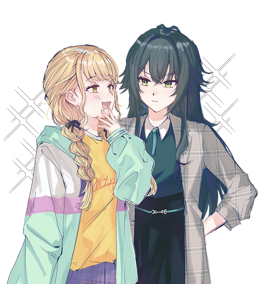 2girls :d annoyed black_hair black_ribbon black_skirt blonde_hair blush braid closed_mouth clothes_writing coat crossed_bangs double-parted_bangs fang fanged_bangs fujita_kotone gakuen_idolmaster green_eyes green_jacket green_shirt grey_coat hair_between_eyes hair_flaps hair_intakes hair_ribbon hand_on_own_hip hand_up height_difference highres hood hood_down hooded_jacket idolmaster jacket long_hair looking_ahead looking_at_another low_twin_braids multicolored_jacket multiple_girls open_clothes open_jacket open_mouth plaid_clothes plaid_coat plaid_skirt purple_skirt raised_eyebrows ribbon shirt shirt_tucked_in side-by-side simple_background skin_fang skirt smile sparkle sparkle_background sparkling_aura tsukimura_temari twin_braids upper_body white_background wing_collar xuechachu yellow_eyes yellow_shirt