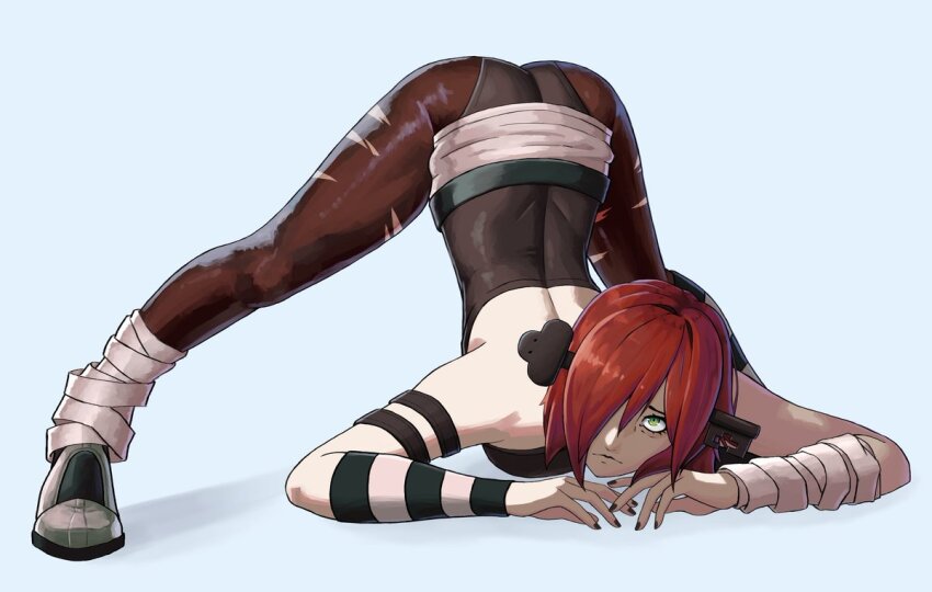1girl a.b.a arched_back ass bags_under_eyes bandages black_leotard black_nails black_pantyhose blue_background freckles green_eyes guilty_gear guilty_gear_xx hair_over_one_eye hands_on_ground homunculus jack-o&#039;_challenge key_in_head leotard looking_at_viewer medium_hair moodypresence nail_polish object_through_head pale_skin pantyhose red_hair shadow short_hair simple_background spread_legs stretching top-down_bottom-up torn_clothes torn_pantyhose wide_spread_legs