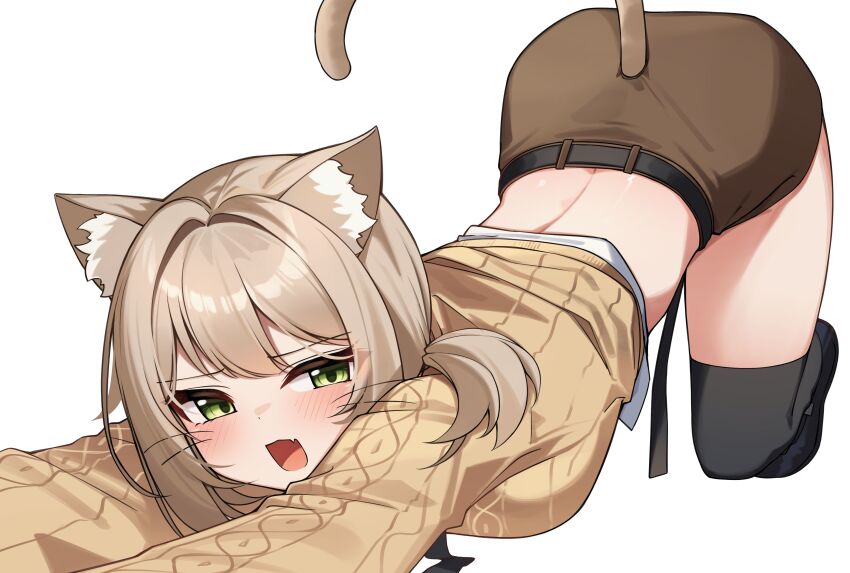1girl absurdres animal_ear_fluff animal_ears belt black_thighhighs breasts brown_hair brown_shorts brown_sweater cat_ears cat_tail crop_top cropped_sweater fang green_eyes highres kemonomimi_mode long_hair long_sleeves looking_at_viewer median_furrow medium_breasts midriff open_mouth ponytail short_ponytail short_shorts shorts simple_background solo sweater tail thighhighs thighs top-down_bottom-up viichan virtual_youtuber waktaverse whiskers white_background ziro_(zirorong)