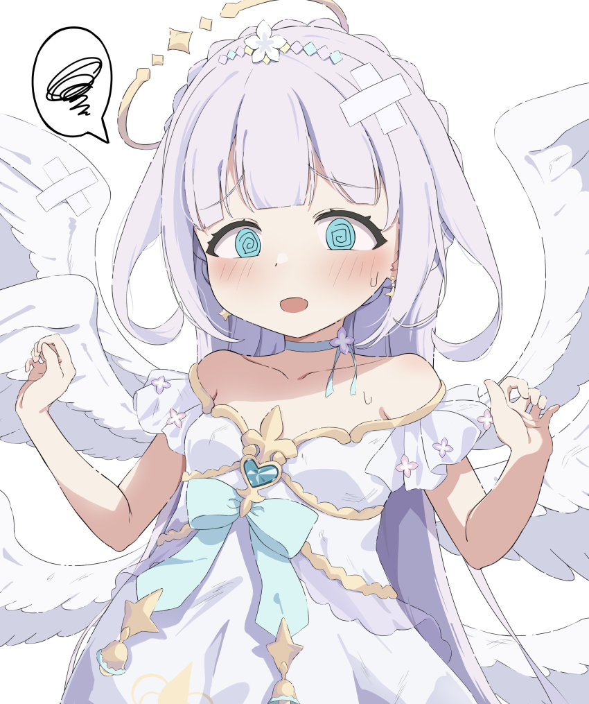 1girl absurdres angel angel_wings bare_shoulders blue_eyes blush bow child choker collarbone dress feathered_wings halo highres long_hair maimai_(game) open_mouth short_sleeves solo squiggle star_(symbol) strapless strapless_dress white_dress white_wings wings yurisaki_mika_(maimai) yuzumitu_zatou