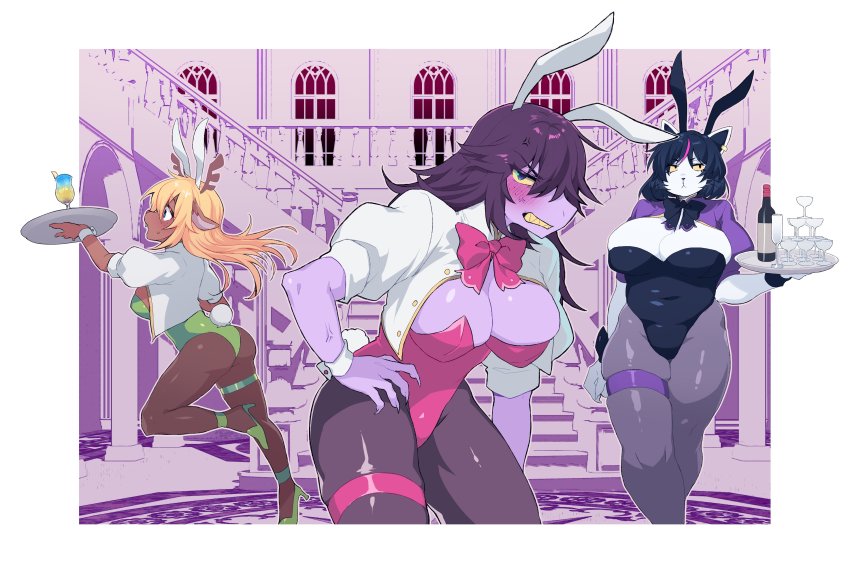 3girls absurdres angry animal_ears antlers ass blonde_hair blush bow breasts cat_ears catti_(deltarune) cleavage colored_skin deltarune drink eyelashes high_heels highres horns huge_breasts komugiko_(bitte_komu) leotard monster_girl multiple_girls noelle_holiday playboy_bunny purple_hair purple_skin reindeer_antlers reindeer_girl ribbon susie_(deltarune) undertale