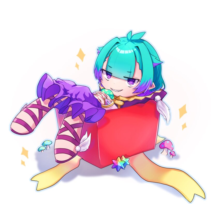 1girl box cloak commentary_request fate/grand_order fate_(series) green_hair hat highres holding holding_mushroom in_box in_container kibinago_(kibinago614) locusta_(fate) looking_at_viewer multicolored_hair mushroom pointy_ears purple_cloak purple_eyes purple_hair saint_quartz_(fate) sandals sharp_teeth short_hair simple_background smile solo teeth two-tone_hair white_background
