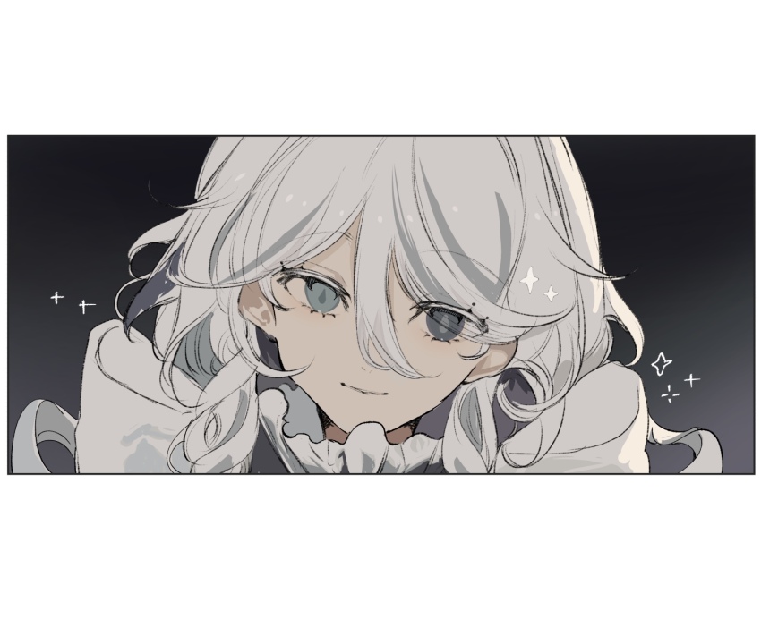 1girl black_background blue_eyes border closed_mouth eyelashes furina_(genshin_impact) genshin_impact gradient_background hair_between_eyes highres letterboxed long_hair looking_at_viewer note_nii portrait smile solo white_hair