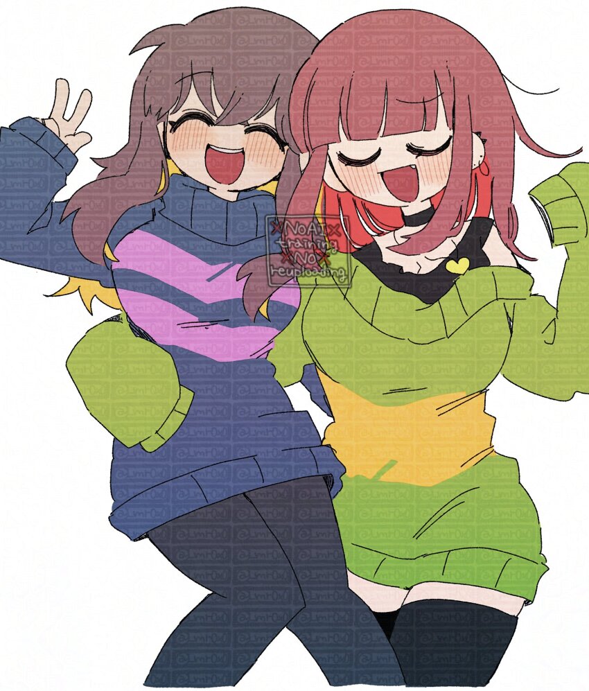 2girls :d black_choker black_pantyhose black_shirt black_thighhighs blue_sweater blush_stickers breasts brown_hair chara_(undertale) choker closed_mouth colored_inner_hair earrings fang flat_color frisk_(undertale) genderswap genderswap_(otf) green_sweater highres jewelry large_breasts long_sleeves looking_at_viewer mr0x0 multicolored_hair multiple_girls open_mouth pantyhose red_hair shirt simple_background sleeves_past_fingers sleeves_past_wrists smile striped_clothes striped_sweater sweater thighhighs too_many_watermarks turtleneck turtleneck_sweater undertale v very_long_sleeves watermark white_background zettai_ryouiki