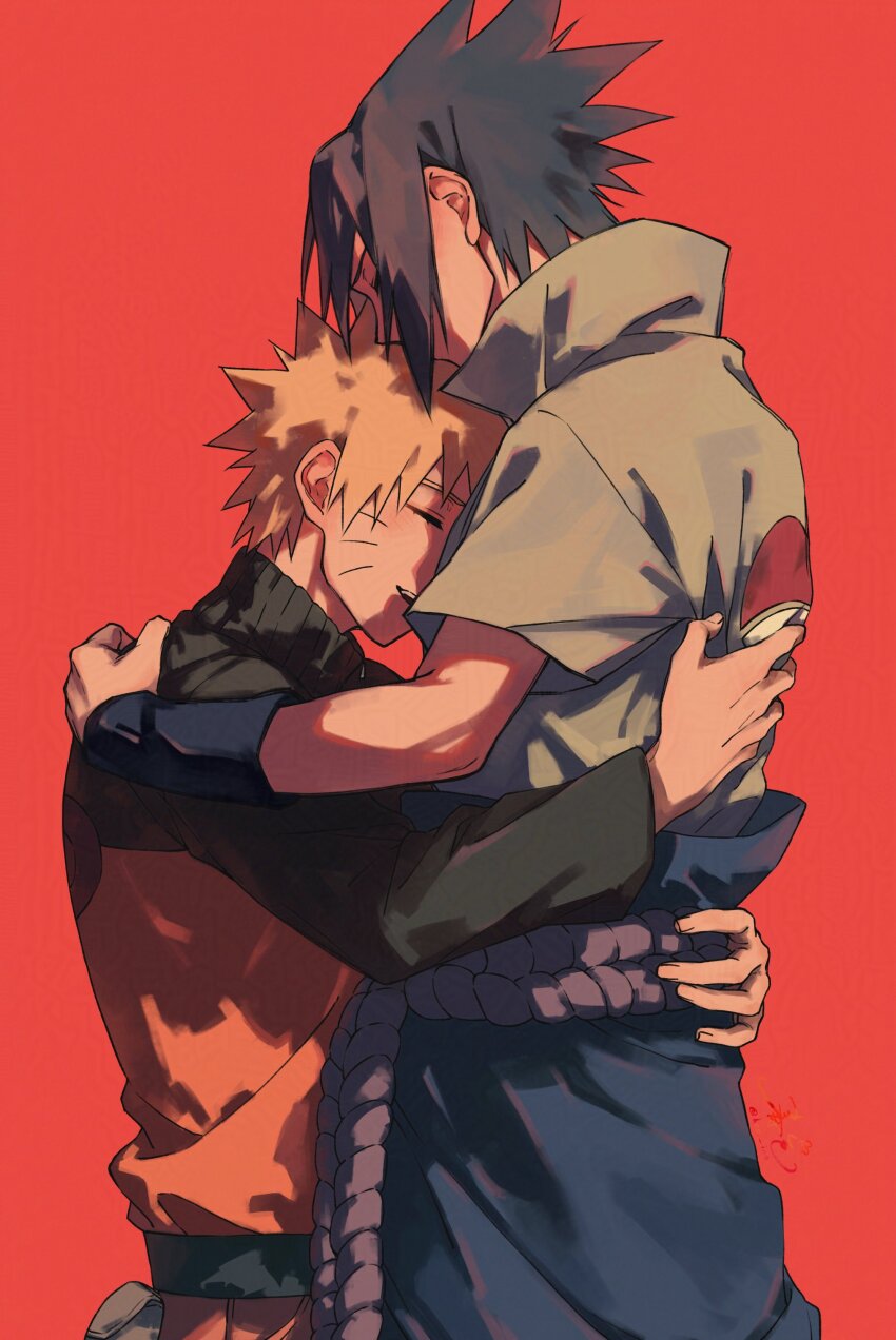 2boys absurdres black_hair black_sleeves blonde_hair closed_eyes facial_mark haruiro_(hrm_ino) highres hug jacket male_focus multicolored_jacket multiple_boys naruto_(series) naruto_shippuuden open_mouth orange_jacket popped_collar red_background rope_belt shirt short_hair short_sleeves smile spiked_hair two-tone_jacket uchiha_sasuke upper_body uzumaki_naruto whisker_markings white_shirt yaoi
