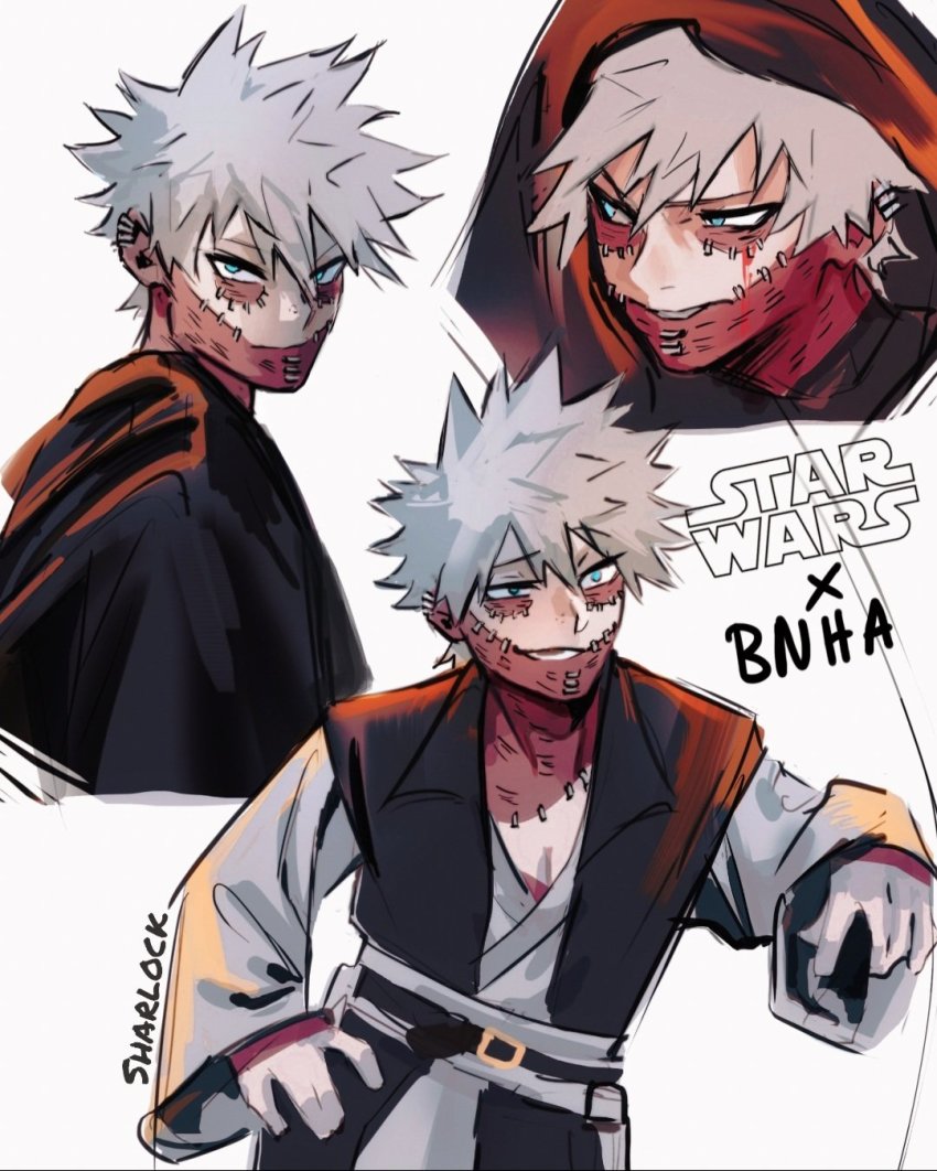 1boy artist_name blue_eyes boku_no_hero_academia burn_scar cheek_piercing copyright_name cosplay dabi_(boku_no_hero_academia) face_piercing highres hood hood_up male_focus multiple_scars multiple_views obi-wan_kenobi obi-wan_kenobi_(cosplay) obi-wan_kenobi_(disney+) piercing scar scar_on_neck sharl0ck simple_background spiked_hair spoilers staple stapled star_wars todoroki_touya white_background white_hair