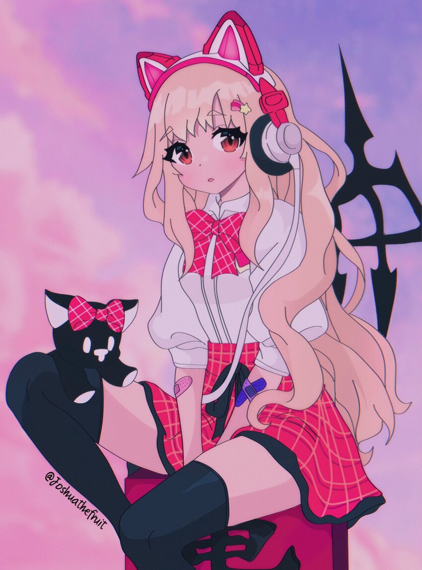 1girl animal_ear_headphones animal_ears bandaid bandaid_on_arm black_wings brown_eyes cat_ear_headphones eyelashes fake_animal_ears female_focus grey_hair headphones highres joshuathefruit long_hair looking_at_viewer matsunae_tsugumi nyantan plaid_clothes plaid_skirt red_skirt school_uniform shin_subarashiki_kono_sekai shirt shirt_tucked_in skirt solo spiked_wings stuffed_animal stuffed_cat stuffed_toy subarashiki_kono_sekai white_shirt wings