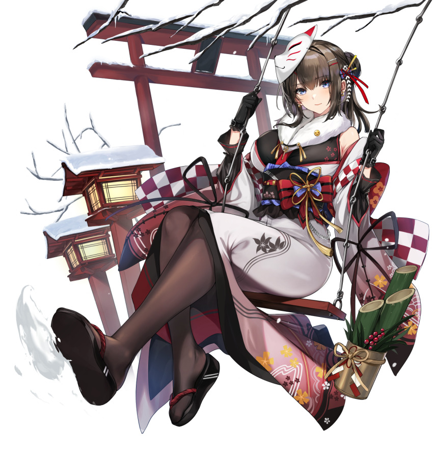 1girl ankh ankh_ornament aqua_bow aqua_eyes artist_request bamboo bare_shoulders basket belt black_belt black_hair black_ribbon black_sash bow branch checkered_clothes checkered_print closed_mouth collar diagonal_striped_footwear double_diagonal_stripe double_horizontal_stripe earrings final_gear floral_print floral_print_kimono floral_print_sleeves flower flower_knot fox_mask full_body fur_collar glove_belt hair_bun hair_ornament hair_ribbon hairclip highres horizontal-striped_bow horizontal-striped_sleeves japanese_clothes jewelry kadomatsu kanzashi kicking kimono lantern long_hair looking_at_viewer mask naomi_(final_gear) obi obiage obidome obijime official_art on_swing pantyhose print_kimono ribbon sandals sash sidelocks simple_background sitting sleeve_ribbon smile smiley_face smiley_hair_ornament snow snowing solo sparkle striped_clothes striped_kimono swing swing_set swinging swinging_legs swinging_on_swing tabi tachi-e tassel third-party_source torii transparent_background white_collar white_flower white_kimono white_sleeves zouri