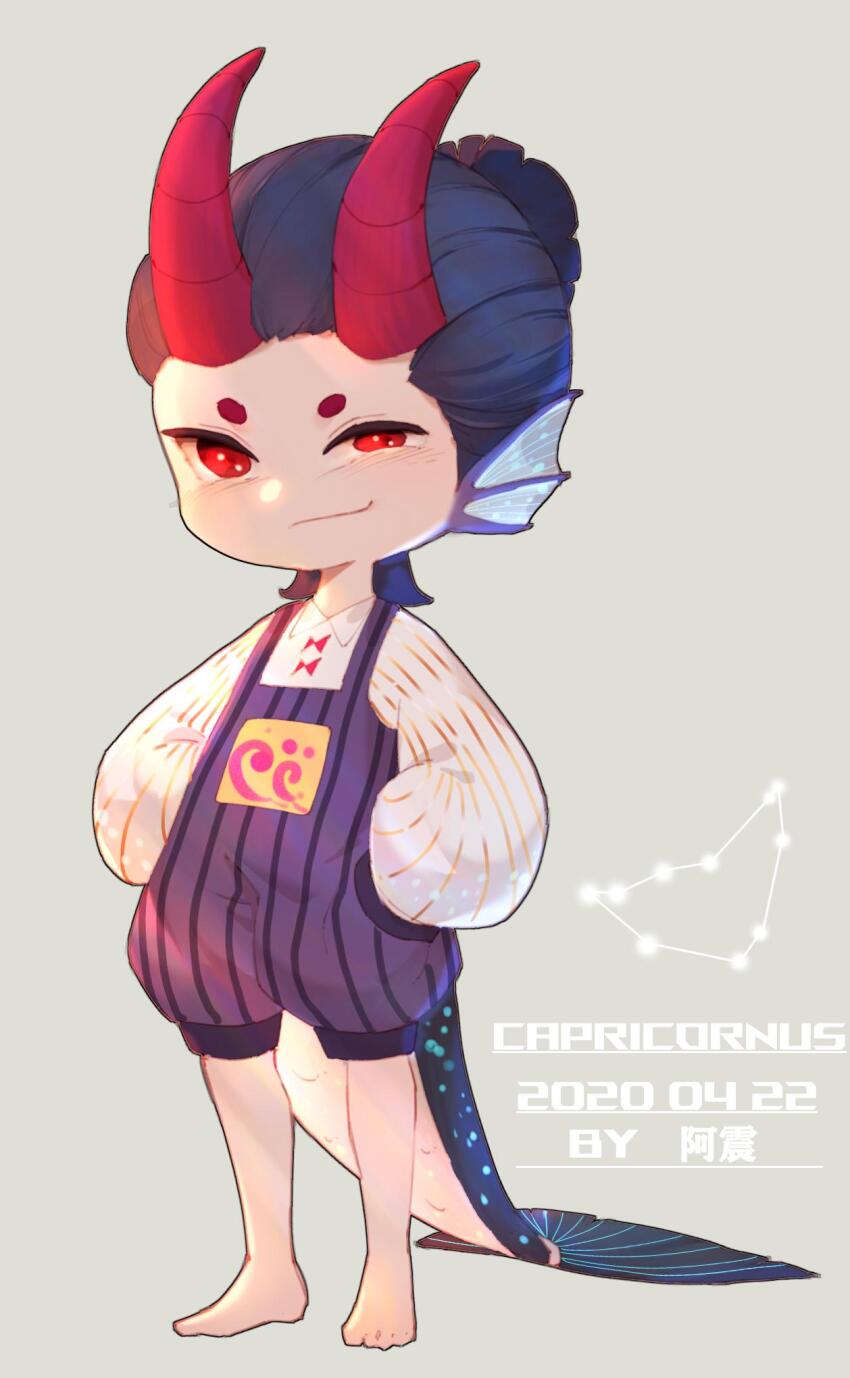 1boy artist_name bare_legs barefoot black_hair capricorn_(constellation) capricorn_(zodiac) chibi dated fins fish_tail full_body goat_horns grey_background hair_bun half-closed_eye hand_in_pocket head_fins highres horns long_sleeves male_focus original overalls puffy_long_sleeves puffy_pants puffy_sleeves purple_overalls red_eyes red_horns shirt short_eyebrows short_hair smile smirk solo striped_clothes striped_shirt tail vertical-striped_clothes vertical-striped_overalls vertical-striped_shirt white_shirt yi_er_san zodiac