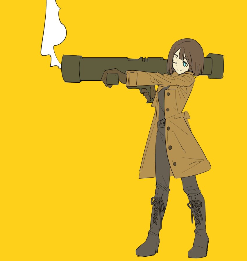 1girl blue_eyes boots brown_coat brown_hair closed_mouth coat full_body gloves highres kamen_rider knee_boots lace-up_boots lusin01 midorikawa_ruriko_(shin_kamen_rider) open_clothes open_coat rocket_launcher shin_kamen_rider simple_background smile solo standing weapon yellow_background