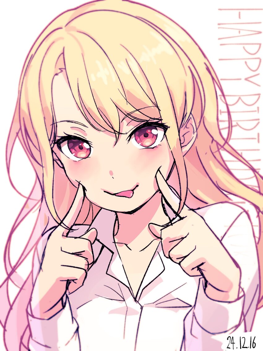 1girl absurdres bang_dream! blonde_hair brown_eyes dated happy_birthday highres kirigaya_toko long_hair long_sleeves looking_at_viewer nobusawa_osamu simple_background smile solo white_background