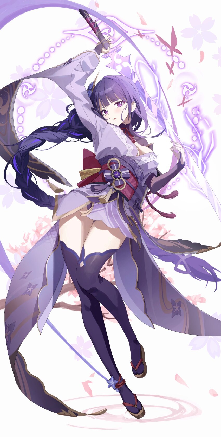 1girl absurdres breasts genshin_impact highres holding holding_sword holding_weapon large_breasts long_hair looking_at_viewer musou_isshin_(genshin_impact) nagul purple_eyes purple_hair purple_thighhighs raiden_shogun solo sword tabi thighhighs thighs weapon