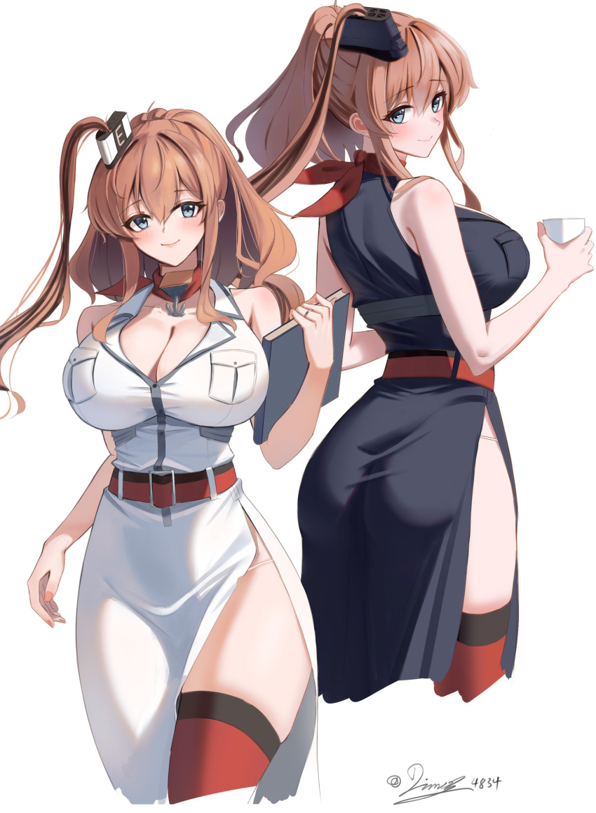 1girl absurdres back black_dress blue_eyes blush book breast_pocket breasts brown_hair cup dimos_(dawn_1945) dress dual_persona hair_between_eyes hair_ornament high_side_ponytail highres holding holding_cup kantai_collection large_breasts long_hair looking_at_viewer looking_back neckerchief pocket ponytail red_thighhighs saratoga_(kancolle) saratoga_kai_(kancolle) side_ponytail sidelocks sleeveless sleeveless_dress smile smokestack smokestack_hair_ornament thighhighs twitter_username white_background white_dress