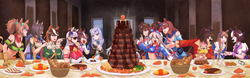 6+girls absurdres air_groove_(umamusume) animal_ears annotated armband basket big_milk_(a39119716) bread breasts carrot commentary el_condor_pasa_(umamusume) fine_art_parody food glasses gloves gold_ship_(umamusume) grass_wonder_(umamusume) green_armband highres horse_ears horse_girl inari_one_(umamusume) long_hair long_table mejiro_mcqueen_(umamusume) multiple_girls navel oguri_cap_(umamusume) open_mouth parody plate purple_hair silence_suzuka_(umamusume) special_week_(umamusume) super_creek_(umamusume) symboli_rudolf_(umamusume) table taiki_shuttle_(umamusume) tamamo_cross_(umamusume) the_last_supper tokai_teio_(umamusume) trait_connection umamusume when_you_see_it