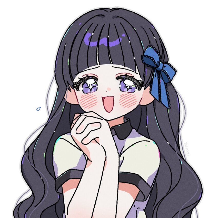 +_+ 1girl :d black_hair blue_ribbon blunt_bangs blush cardcaptor_sakura collared_shirt commentary contrast_collar daidouji_tomoyo grey_outline hair_ribbon highres long_hair looking_at_viewer open_mouth outline own_hands_together purple_eyes ribbon shirt short_sleeves simple_background smile solo symbol-only_commentary upper_body white_background white_shirt yalmyu