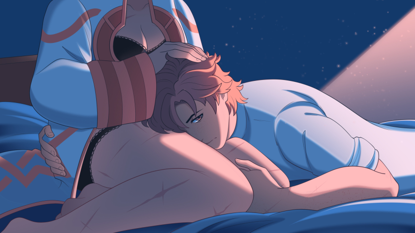 bed bra deebyfeeby fire_emblem highres female_kiran_(fire_emblem) kiran_(fire_emblem) lap_pillow nintendo pillow scar scar_on_leg summoner_(fire_emblem_heroes) sylvain_jose_gautier tagme underwear