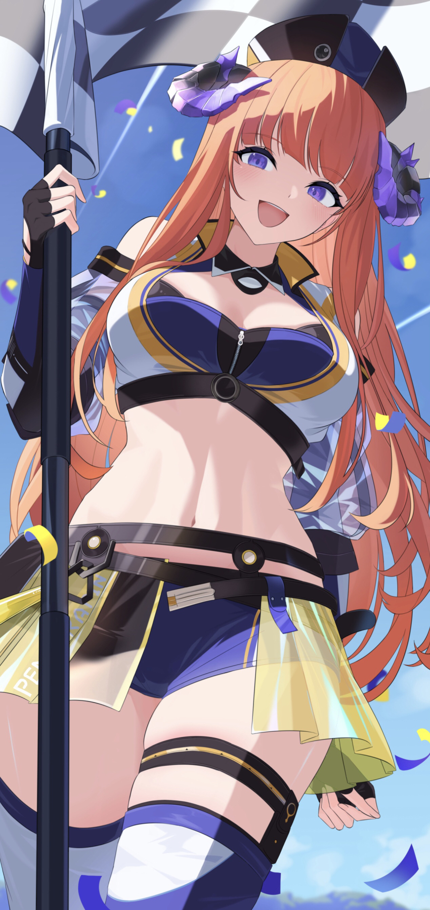1girl absurdres arknights bagpipe_(arknights) bagpipe_(queen_no._1)_(arknights) beret breasts checkered_flag confetti fingerless_gloves flag gloves hat heichi highres holding holding_flag horns long_hair medium_breasts midriff orange_hair purple_eyes race_queen thighhighs zipper