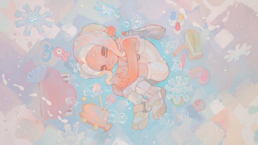 1girl agent_8_(splatoon) blonde_hair blue_hair bodysuit boots choker closed_eyes closed_mouth commentary_request earrings fetal_position fish grey_hair highres hoop_earrings ink_tank_(splatoon) instrument jewelry keyboard_(instrument) liang_cun_rakuna long_hair lying multicolored_background multicolored_hair nintendo octoling octoling_girl octoling_player_character octotrooper on_side pastel_colors pearl_(splatoon) pearl_drone_(splatoon) sleeping sleeveless sleeveless_bodysuit smile socks solo splatoon_(series) splatoon_3 splatoon_3:_side_order suction_cups tentacle_hair toy toy_block white_bodysuit white_boots white_choker white_socks