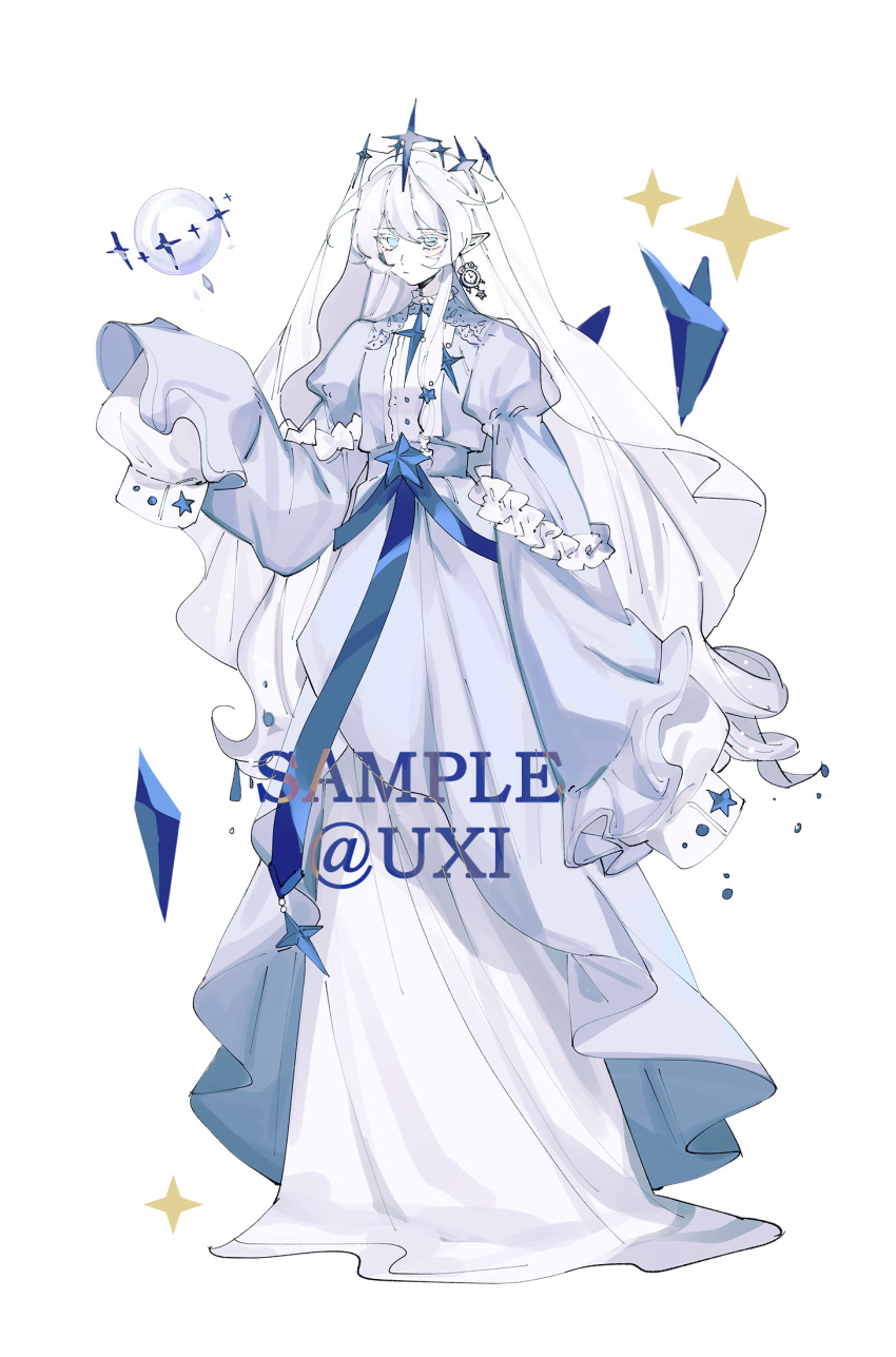 1girl asphyxia17 blue_dress blue_eyes blue_ribbon clock closed_mouth commentary_request crystal dress expressionless frilled_dress frilled_garter frills full_body hand_up highres juliet_sleeves layered_dress layered_sleeves long_hair long_sleeves object_request original pointy_ears puffy_sleeves ribbon sample_watermark single_sidelock sleeve_garter sleeves_past_fingers sleeves_past_wrists solo sparkle_hair_ornament star_ornament telekinesis twitter_username veil very_long_hair watermark white_background white_dress white_hair white_veil