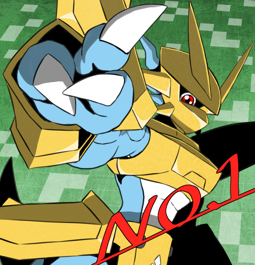 absurdres armor blue_skin colored_skin commentary digimon digimon_(creature) dragon fewer_digits gold_armor highres looking_at_viewer magnamon multicolored_skin red_eyes shoulder_armor solo upper_body white_skin yamamoto_zetta