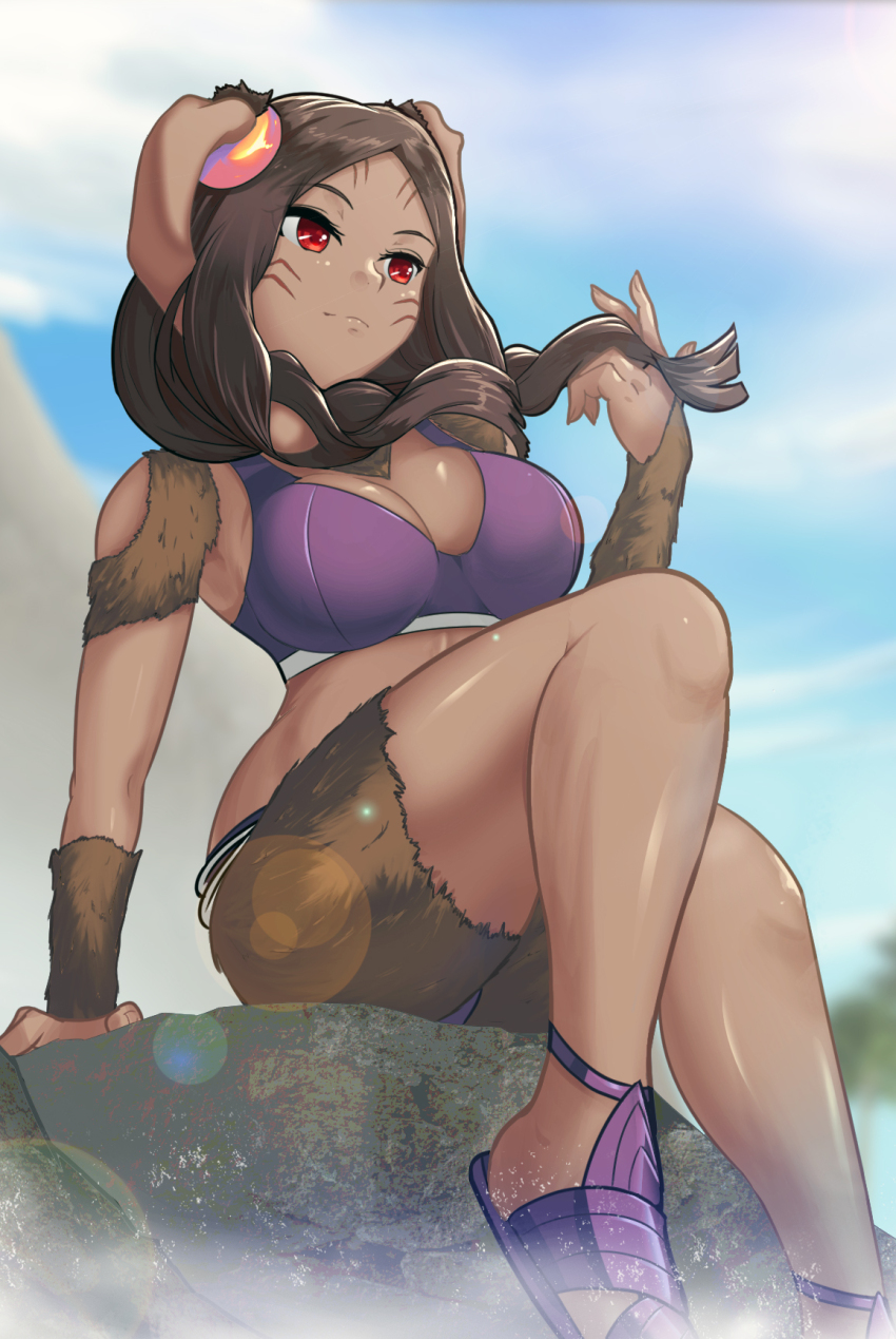 1girl alternate_costume animal_ears armor braid brown_fur brown_hair dark-skinned_female dark_skin facial_mark fire_emblem fire_emblem_awakening hair_around_ear highres keldancon looking_to_the_side nintendo panne_(fire_emblem) purple_armor rabbit_ears rabbit_girl solo string_belt taguel twin_braids