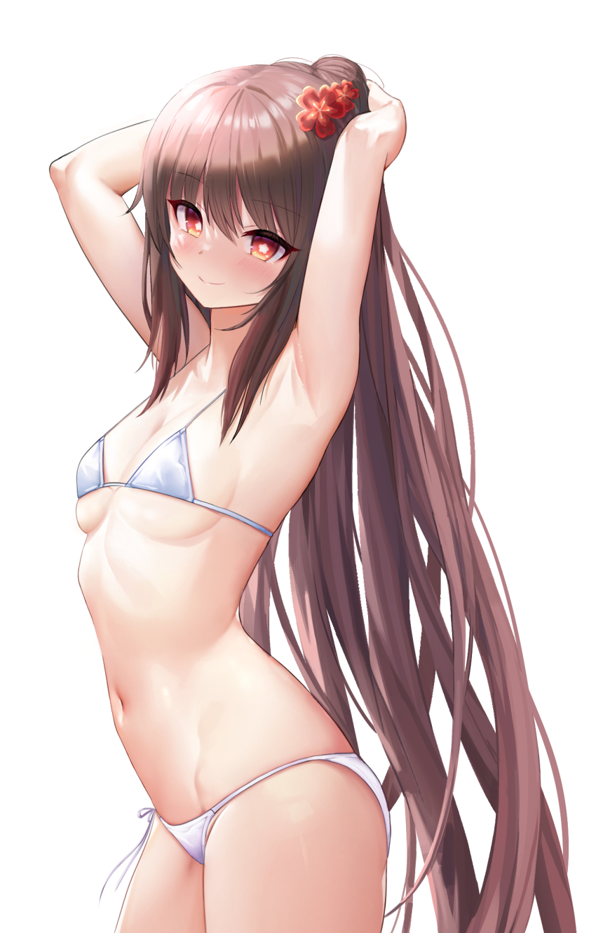 1girl alternate_hairstyle arched_back armpits arms_behind_head arms_up bikini breasts brown_hair cleavage cowboy_shot flower genshin_impact groin hair_flower hair_ornament highres hu_tao_(genshin_impact) long_hair looking_at_viewer navel ponytail rable red_eyes side-tie_bikini_bottom simple_background skindentation small_breasts smile solo standing star-shaped_pupils star_(symbol) stomach string_bikini swimsuit symbol-shaped_pupils very_long_hair white_background white_bikini