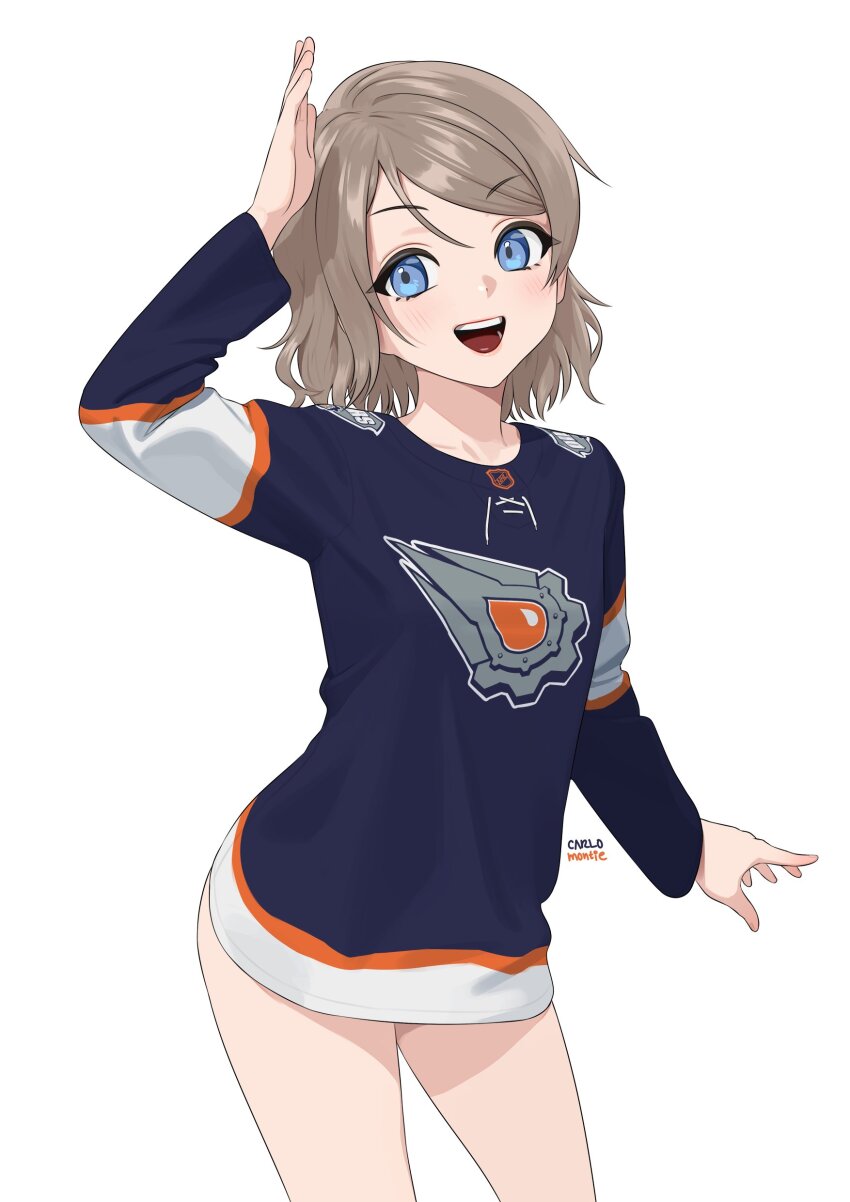 1girl absurdres artist_name blue_eyes carlo_montie edmonton_oilers grey_hair hand_up highres hockey_sweater jersey looking_at_viewer love_live! love_live!_sunshine!! medium_hair open_mouth simple_background solo watanabe_you white_background