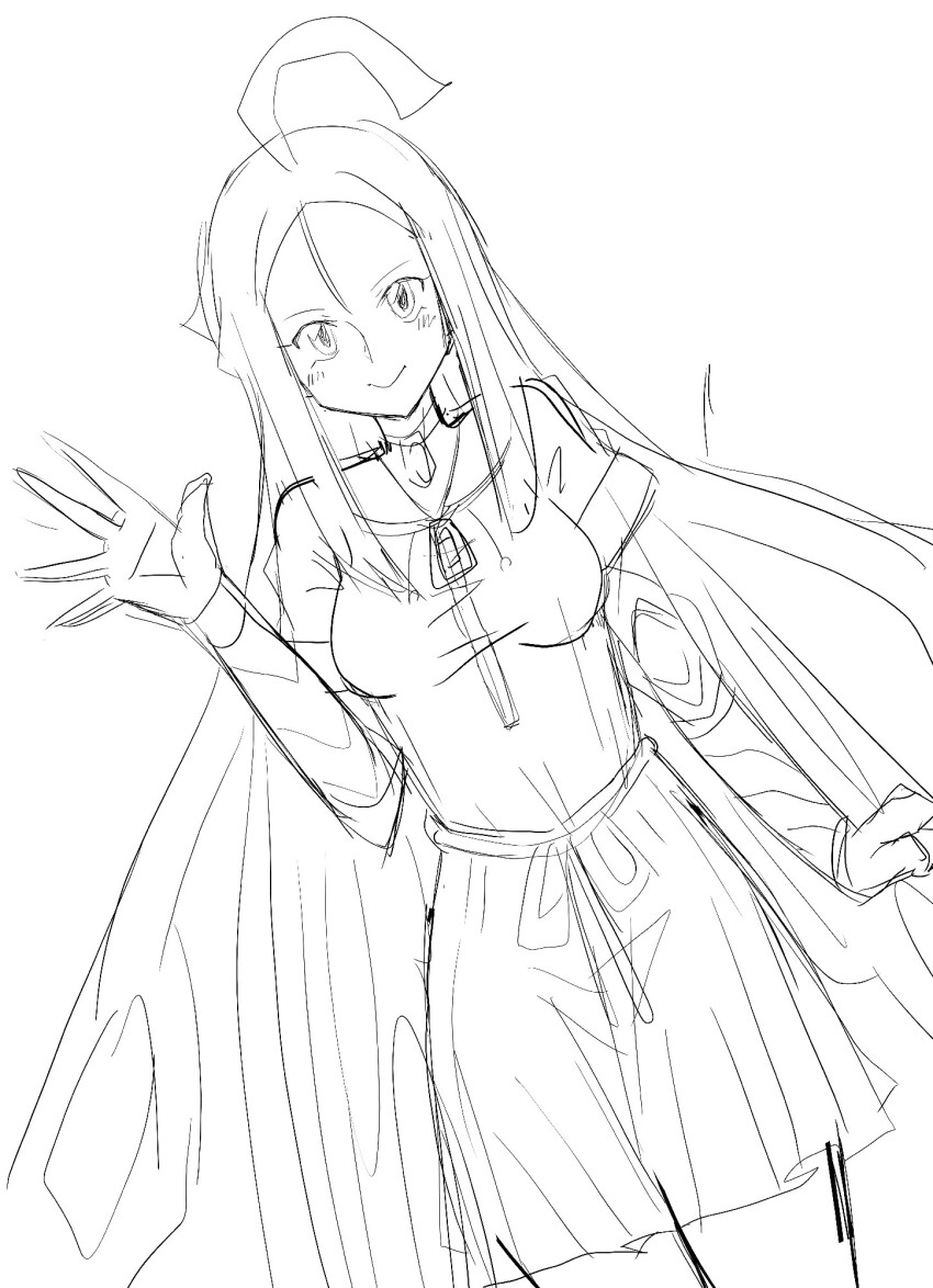 1girl blush breasts butterfly_wings choker cleavage digimon digimon_(creature) female_focus highres hudiemon insect_wings long_hair long_skirt looking_at_viewer medium_breasts monochrome ph6xeivbgpimggg school_uniform sketch skirt solo solo_focus uniform waving_hands wings