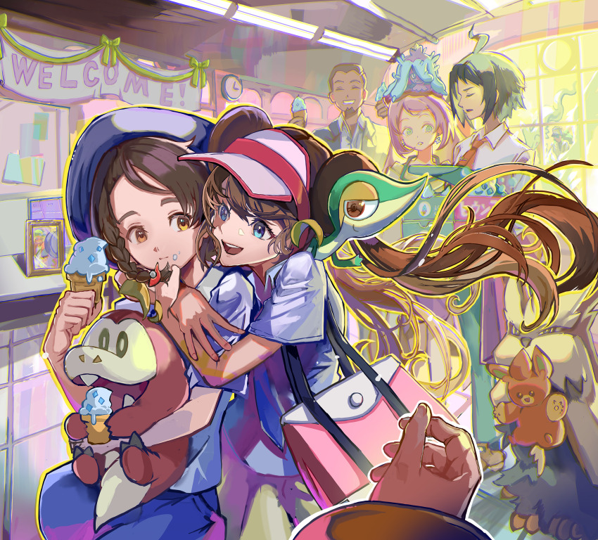3boys 4girls absurdres ahoge bag bianca_(pokemon) blue_eyes braid braided_ponytail brown_hair cheren_(pokemon) clock closed_eyes dark-skinned_male dark_skin day facial_hair food food_on_face fuecoco gen_5_pokemon gen_7_pokemon goatee hat highres hug hug_from_behind ice_cream indoors iono_(pokemon) legendary_pokemon long_hair mareanie miriam_(pokemon) multiple_boys multiple_girls n_(pokemon) necktie nimuni26 nintendo pawmi picture_frame pokemon pokemon_bw2 pokemon_sv reshiram rosa_(pokemon) salvatore_(pokemon) school_bag school_uniform short_hair smile snivy stoutland teeth upper_teeth_only uva_academy_school_uniform vanillite yellow_eyes