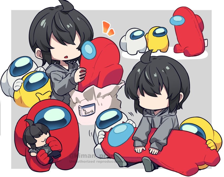 4others ahoge ambiguous_gender among_us androgynous bag biting black_hair blue_pants character_doll crewmate_(among_us) disembodied_hand doll english_text faceless grey_hoodie hands_on_another&#039;s_head holding holding_stuffed_toy hood hoodie impostor_(among_us) kiman label multiple_others multiple_views original pants rayman_limbs red_(among_us) sidelocks sitting smile socks spacesuit standing stuffed_toy they_(kiman) twitter_username watermark white_(among_us) white_bag yellow_(among_us)