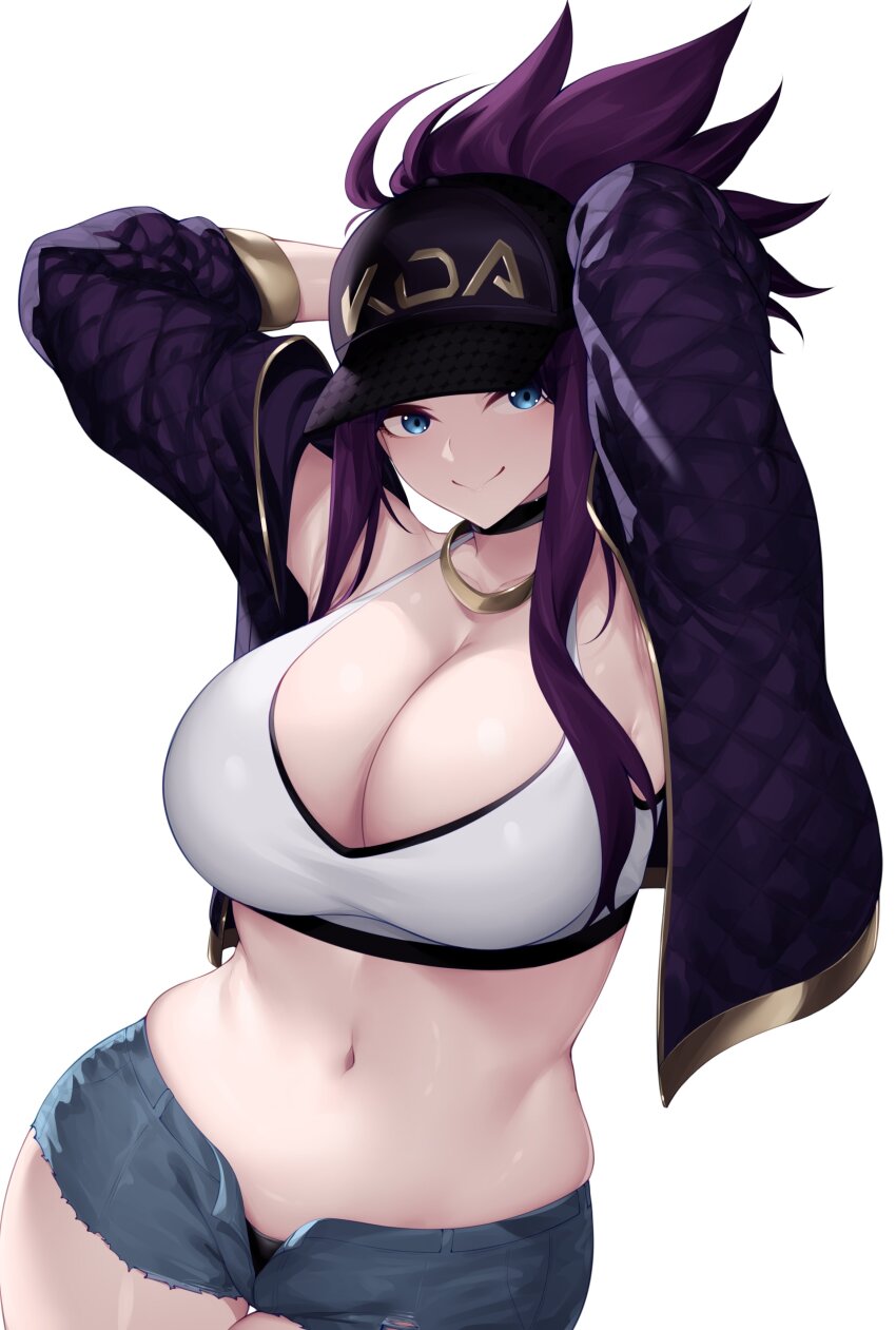 1girl absurdres akali alternate_costume arms_up baseball_cap blue_eyes breasts cleavage commission cropped_jacket denim denim_shorts gold_trim hair_through_headwear hat highres jacket k/da_(league_of_legends) k/da_akali league_of_legends midriff nanatsuichi navel panties pants ponytail purple_hair purple_jacket shade short_shorts shorts smile solo sports_bra underwear white_sports_bra