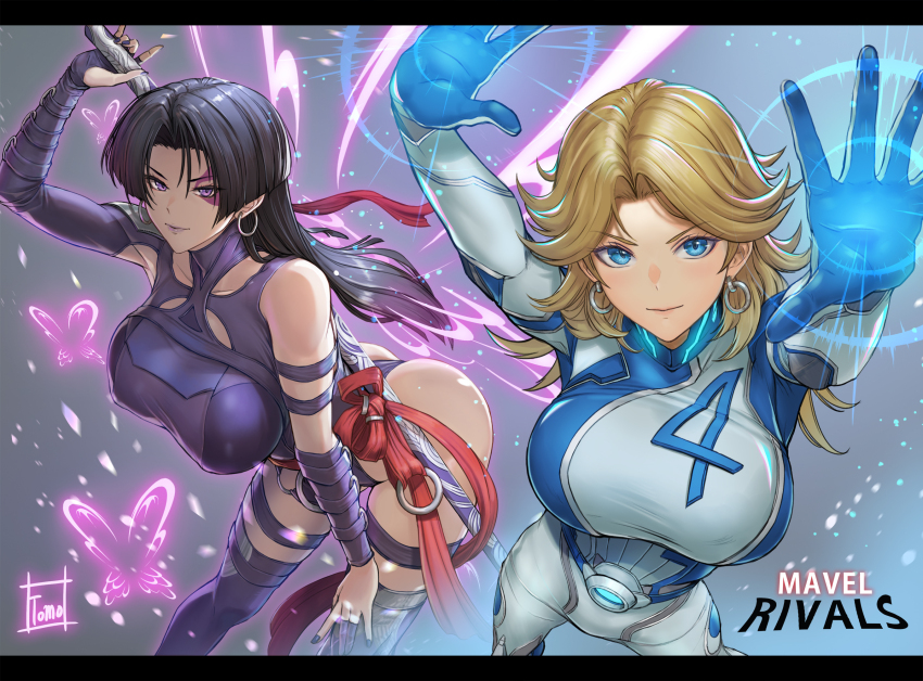 2girls animification ass bent_over black_hair blonde_hair blue_bodysuit blue_eyes blue_jumpsuit bodysuit breasts bug butterfly butterfly_wings covered_erect_nipples cowboy_shot earrings energy_wings facial_tattoo fantastic_four foreshortening gloves grey_background highres holding holding_sword holding_weapon hoop_earrings insect insect_wings jewelry jumpsuit large_breasts leotard long_hair looking_at_viewer marvel marvel_rivals medium_breasts multicolored_bodysuit multiple_girls psylocke psylocke_(vengeance) purple_leotard simple_background single_bare_shoulder smile solo sue_storm superhero_costume sword tattoo thighs tomo_eokaiteru two-tone_bodysuit weapon white_background white_bodysuit wings