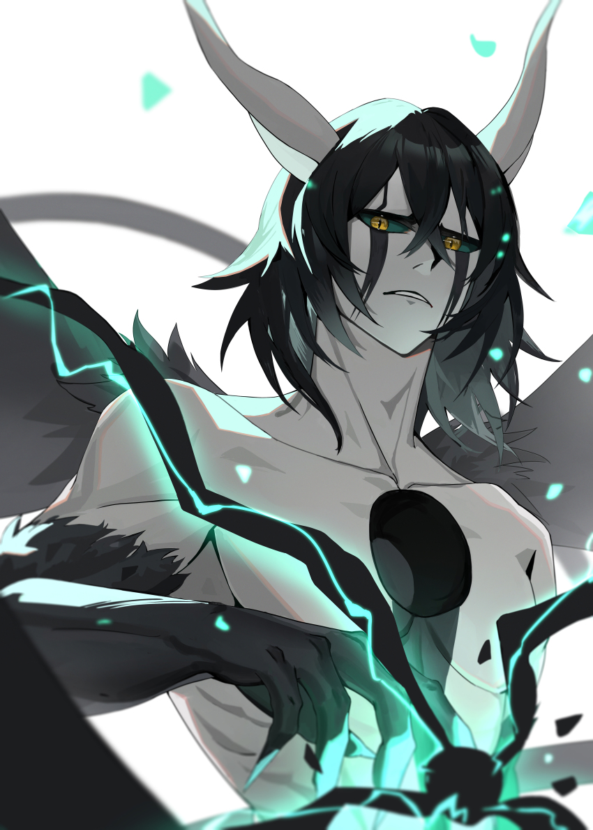 1boy absurdres arrancar black_fur black_hair bleach collarbone colored_sclera crackling_energy demon_boy demon_horns demon_wings energy_ball facial_mark green_sclera hair_between_eyes highres hole_in_chest hole_on_body horns looking_at_viewer male_focus pale_skin parted_lips resurreccion slit_pupils solo topless_male ulquiorra_cifer upper_body wings yellow_eyes yiqing_(yohare)
