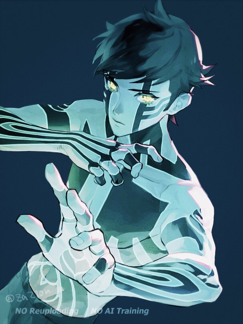 1boy arms_up artist_name black_hair blue_background body_markings closed_mouth commentary_request demi-fiend glowing glowing_eyes highres looking_at_viewer male_focus shin_megami_tensei shin_megami_tensei_iii:_nocturne short_hair simple_background solo twitter_username yellow_eyes za210n