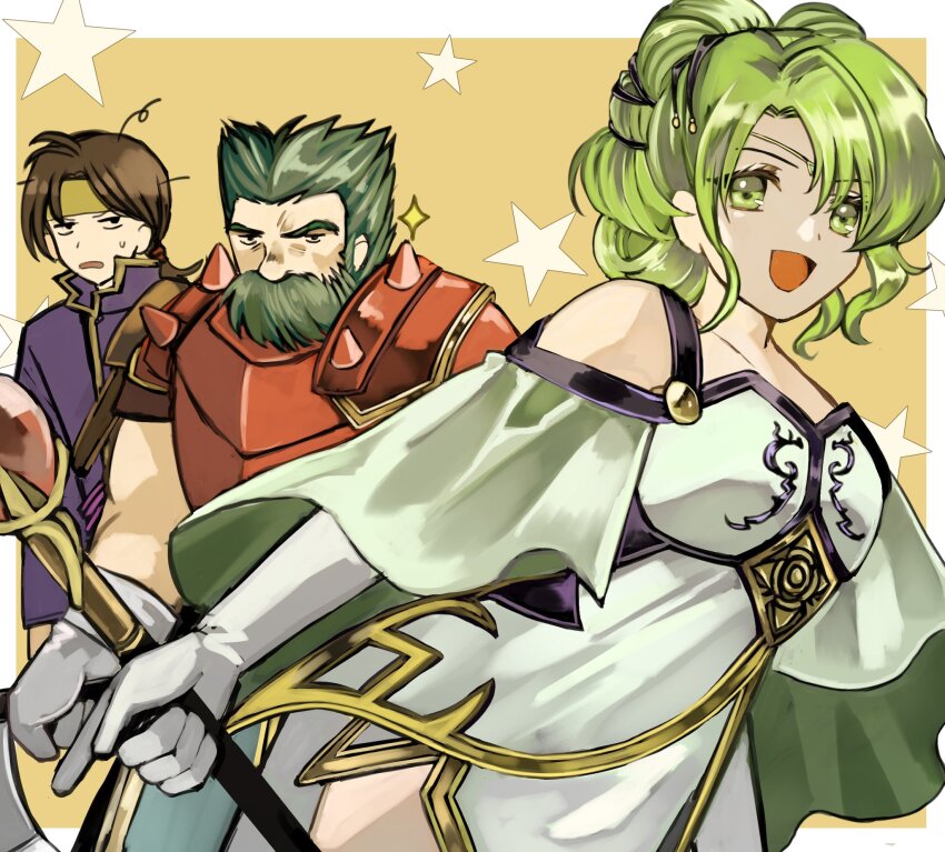 1girl 2boys annoyed armor axe black_eyes border breasts brown_hair capelet clothing_cutout collarbone dozla_(fire_emblem) dress facial_hair fire_emblem fire_emblem:_the_sacred_stones frown gloves green_eyes green_hair grey_gloves grey_hair hair_behind_ear headband highres holding holding_axe holding_staff jacket l&#039;arachel_(fire_emblem) looking_at_viewer low_ponytail multiple_boys mustache nintendo omlililimo open_mouth orange_background outside_border pointing ponytail purple_jacket rennac_(fire_emblem) shoulder_cutout small_breasts smile sparkle staff star_(symbol) sweatdrop white_border white_capelet white_dress white_gloves yellow_headband