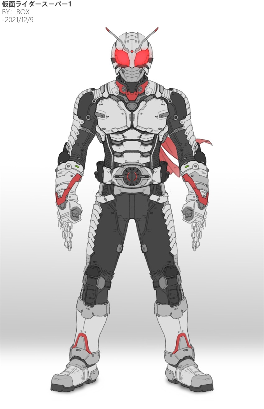 1boy antennae armor armored_boots black_bodysuit bodysuit boots chinese_commentary commentary_request full_body gauntlets glowing glowing_eyes grey_armor grey_boots highres kamen_rider kamen_rider_super-1 kamen_rider_super-1_(series) male_focus mask red_eyes rider_belt simple_background solo white_armor white_background wrist_chain xiangzi_box
