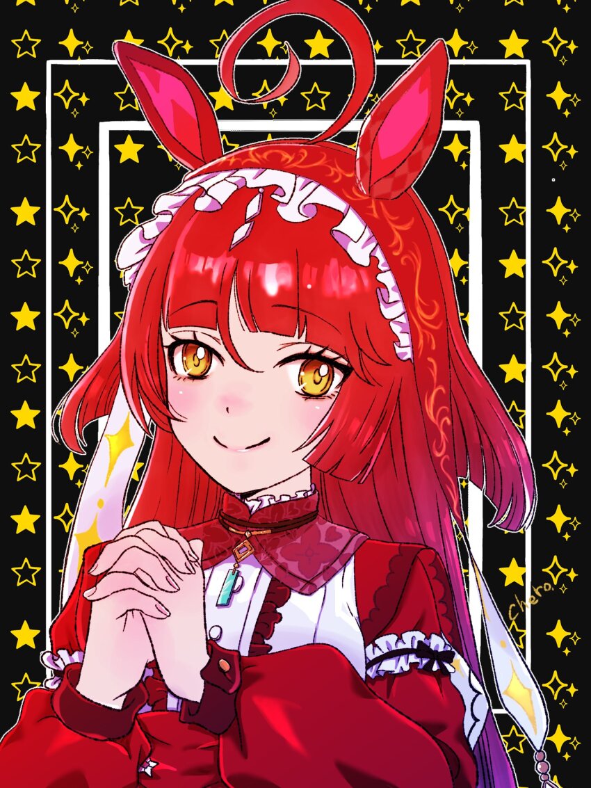 1girl ahoge animal_ears blunt_bangs blush breasts closed_mouth commentary_request hair_between_eyes hair_ornament hairband highres horse_ears horse_girl jewelry long_hair looking_at_viewer necklace negimatukune043 own_hands_together portrait red_desire_(umamusume) red_eyes red_hair simple_background small_breasts smile star_(symbol) umamusume yellow_eyes