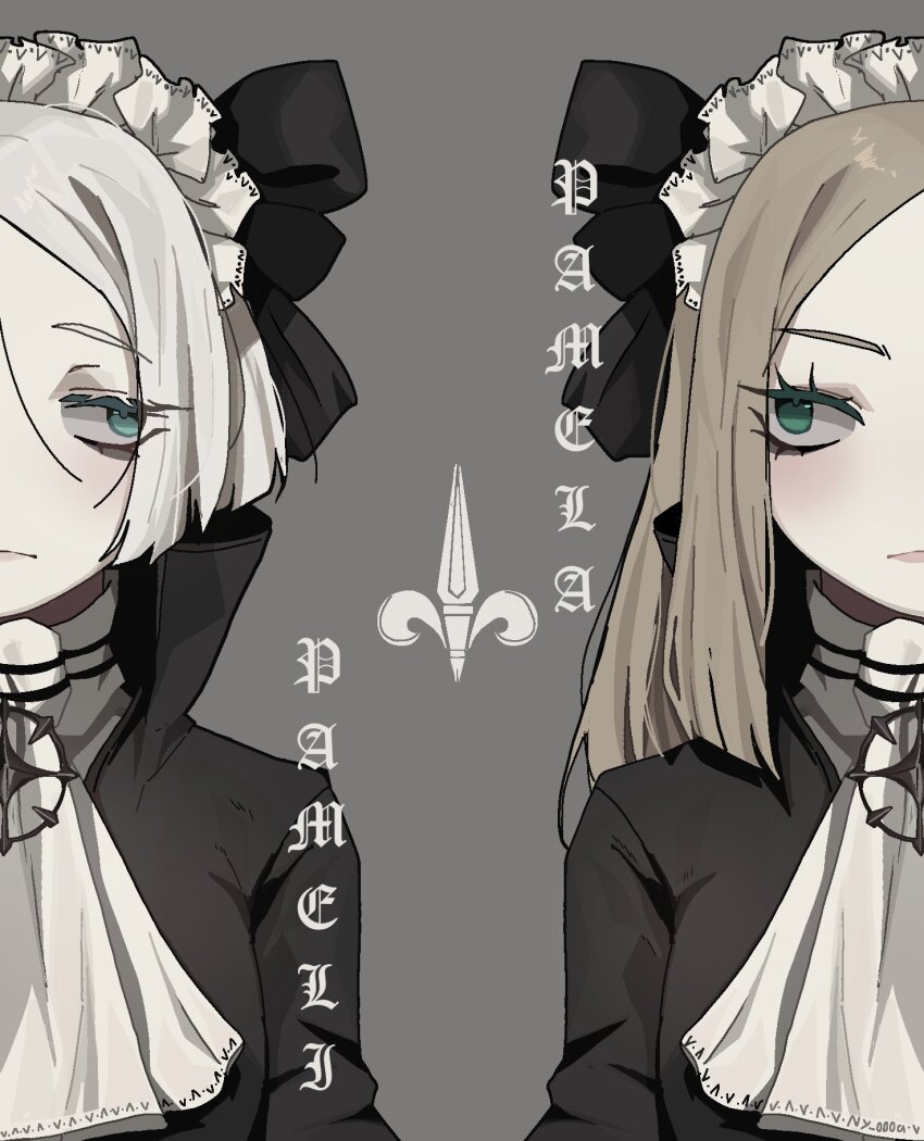 2girls aqua_eyes ascot black_bow black_coat blonde_hair bow coat forehead grey_background hair_bow highres library_of_ruina long_hair long_sleeves looking_at_another maid_headdress multiple_girls ny_000a pamela_(project_moon) pameli_(project_moon) project_moon short_hair simple_background upper_body white_ascot white_hair