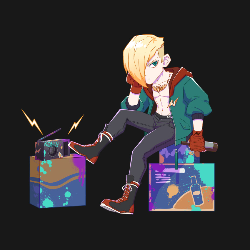 1boy abs asymmetrical_hair bare_pectorals black_background black_pants blue_eyes boots bottle chinese_commentary closed_mouth collarbone commentary_request crate dot_mouth dot_nose ed_(street_fighter) hair_over_one_eye hand_wraps head_rest highres holding holding_bottle hood hood_down hooded_jacket jacket jewelry lace-up_boots leg_up lightning_bolt_symbol looking_to_the_side male_focus male_underwear male_underwear_peek multicolored_jacket navel necklace one_eye_covered open_clothes open_jacket pants pectorals radio red_hood sideburns sideways_glance simple_background sitting solo starnightmare street_fighter street_fighter_6 toned toned_male underwear unzipped zipper