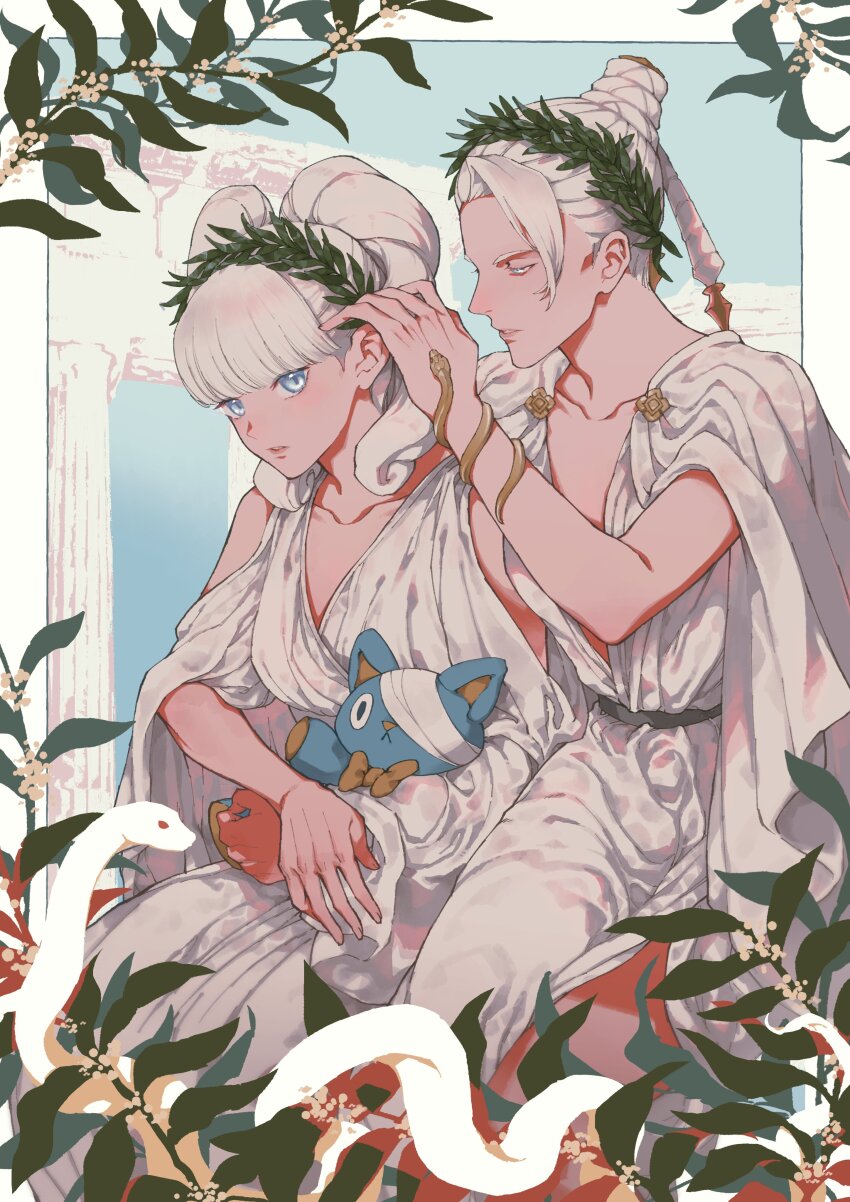 2girls absurdres ace_attorney alternate_costume ancient_greek_clothes bandage_over_one_eye blue_eyes bow chiton collarbone courtney_sithe dress earrings flower greco-roman_clothes highres himation jewelry laurel_crown leaf long_hair maria_gorey mother_and_daughter multiple_girls noi350 peplos plant sitting snake stuffed_animal stuffed_cat stuffed_toy the_great_ace_attorney the_great_ace_attorney_2:_resolve white_dress white_hair white_snake