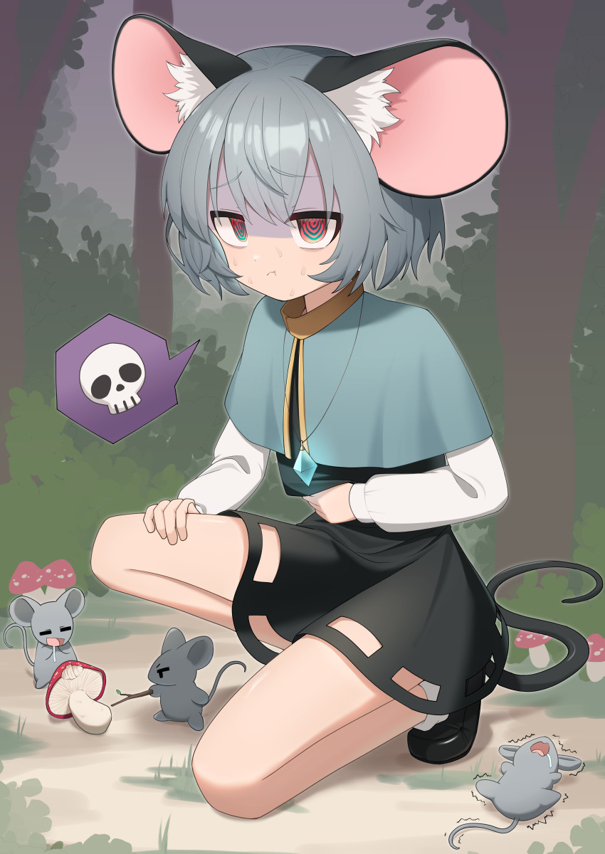 absurdres animal_ears asakura_haru capelet forest grey_hair highres jewelry long_sleeves mouse_(animal) mouse_ears mouse_tail mushroom nature nazrin nervous_sweating paralysis pendant ringed_eyes shaded_face short_hair skirt spoken_object spoken_skull sweat tail touhou
