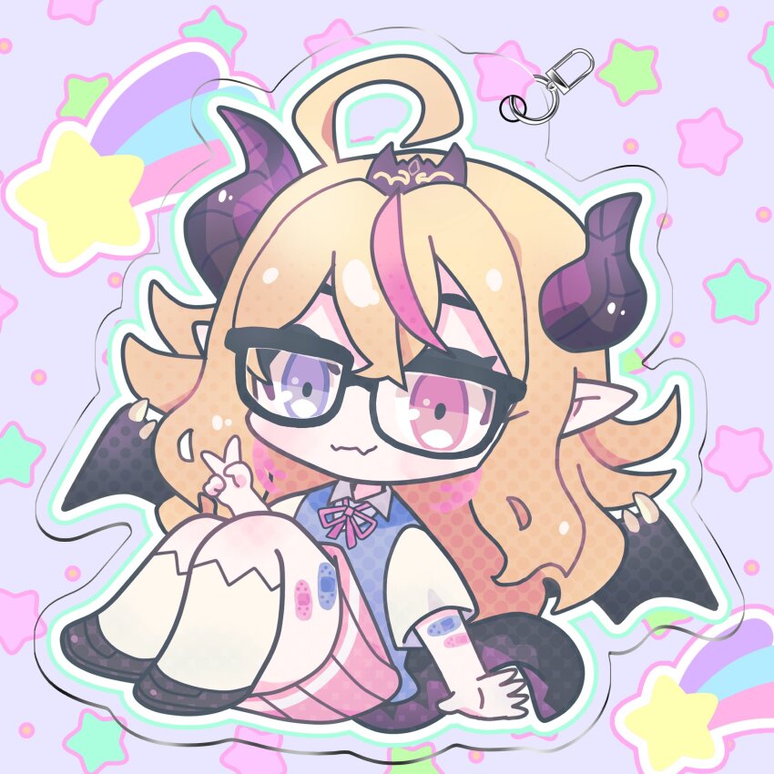 1girl bandaid bandaid_on_arm bandaid_on_leg black-framed_eyewear black_shoes blonde_hair character_charm charm_(medium) charm_(object) collared_shirt commentary commission dragon_horns dragon_tail dragon_wings english_commentary glasses heterochromia highres horns keyring long_hair looking_at_viewer multicolored_hair neck_ribbon outline pink_eyes pink_hair pink_ribbon pink_skirt pleated_skirt pointy_ears purple_eyes purple_sweater_vest ribbon shirt shoes shooting_star sitting skeb_commission skirt solo streaked_hair suri_solari suzuhara_shion sweater_vest tail v v&amp;u_entertainment virtual_youtuber white_shirt wings