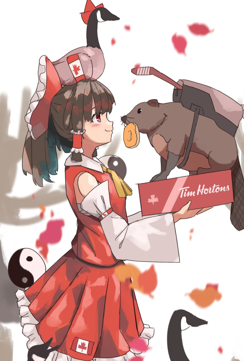 1girl absurdres animal animal_on_head beaver bird blush breasts brown_hair canada canada_goose canadian_flag commentary detached_sleeves donut english_commentary food frilled_skirt frills hair_tubes hakurei_reimu highres hockey_stick medium_hair on_head r/place red_eyes red_shirt red_skirt reddit sarashi shirt sidelocks simple_background skirt sleeveless sleeveless_shirt small_breasts smile tim_hortons touhou vanilla_flan white_background white_sleeves yin_yang