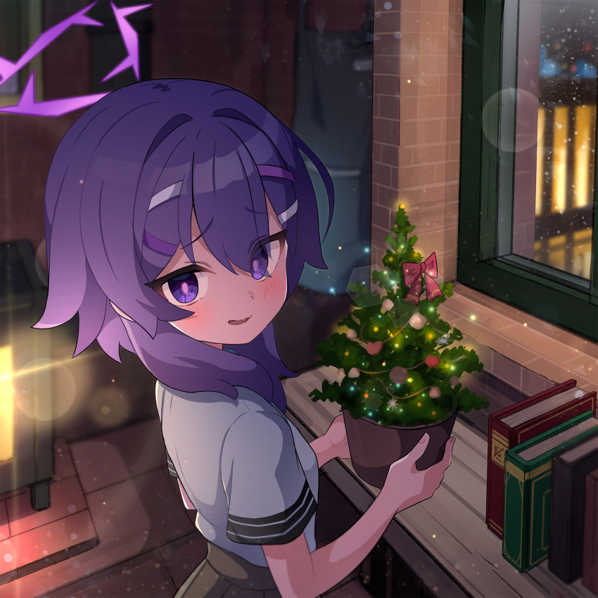 1girl ame. black_skirt blue_archive book christmas_ornaments christmas_tree commentary_request eyes_visible_through_hair from_side hair_ornament hairclip halo haruka_(blue_archive) heart heater highres indoors looking_at_viewer looking_to_the_side night pleated_skirt purple_eyes purple_hair shirt short_sleeves skirt snowing solo white_shirt window