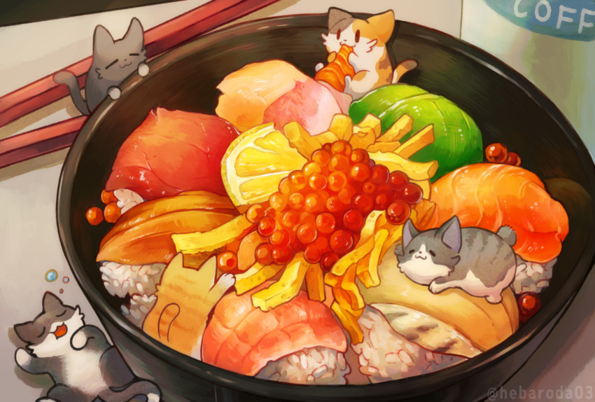 5others :3 animal animal_focus black_cat bowl calico cat chibi chopsticks commentary_request eating fish_(food) food food_focus fruit hebaroda03 highres lemon lemon_slice multiple_others nigirizushi octopus_sashimi open_mouth original rice roe salmon sashimi sleeping sushi tuna